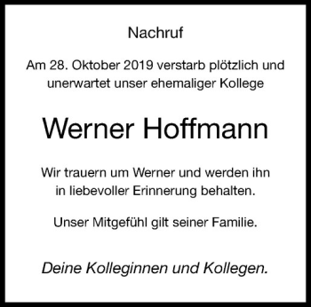 Anzeige von Werner Hoffmann von Westfälische Nachrichten