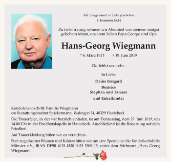 Anzeige von Hans-Georg Wiegmann von Westfälische Nachrichten