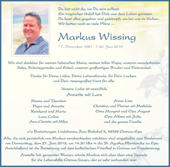 Anzeige von Markus Wissing von Westfälische Nachrichten