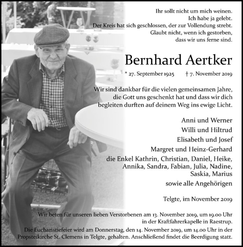  Traueranzeige für Bernhard Aertker vom 12.11.2019 aus Westfälische Nachrichten