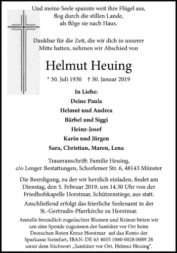 Anzeige von Helmut Heuing von Westfälische Nachrichten