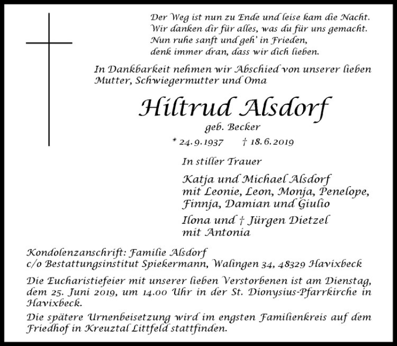  Traueranzeige für Hiltrud Alsdorf vom 21.06.2019 aus Westfälische Nachrichten