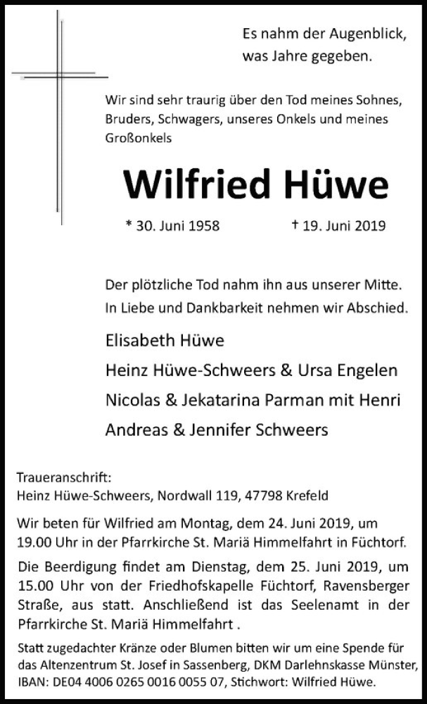  Traueranzeige für Wilfried Hüwe vom 21.06.2019 aus Westfälische Nachrichten