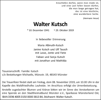 Anzeige von Walter Kutsch von Westfälische Nachrichten