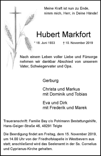 Anzeige von Hubert Markfort von Westfälische Nachrichten