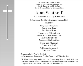 Anzeige von Jann Saathoff von Westfälische Nachrichten