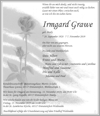 Anzeige von Irmgard Grawe von Westfälische Nachrichten