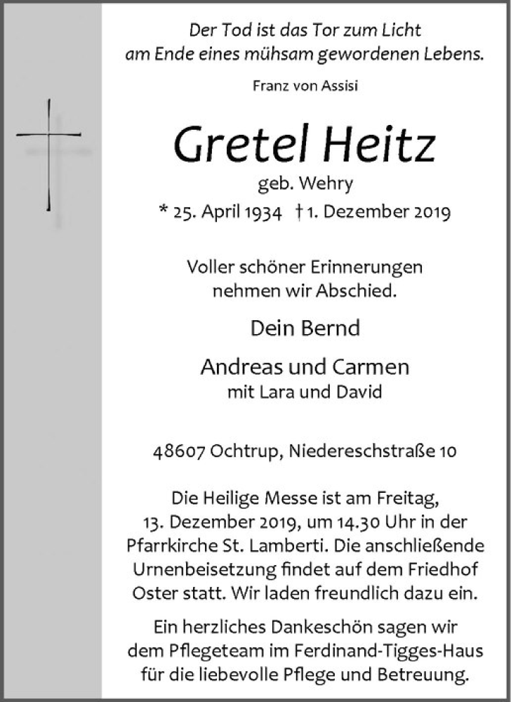  Traueranzeige für Gretel Heitz vom 05.12.2019 aus Westfälische Nachrichten