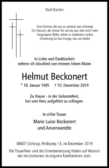 Anzeige von Helmut Beckonert von Westfälische Nachrichten