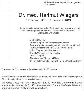 Anzeige von Dr, med. Hartmut Wiegers von Westfälische Nachrichten