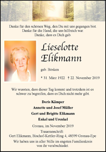 Anzeige von Lieselotte Elikmann von Westfälische Nachrichten