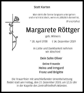 Anzeige von Margarete Röttger von Westfälische Nachrichten