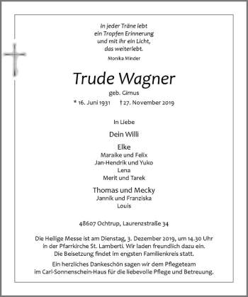 Anzeige von Trude Wagner von Westfälische Nachrichten
