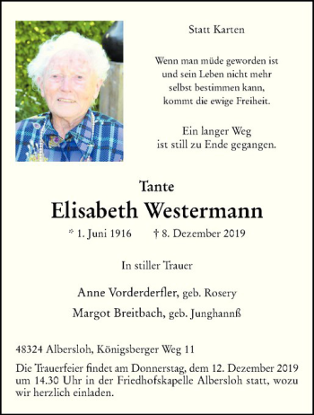 Anzeige von Elisabeth Westermann von Westfälische Nachrichten