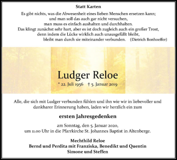Anzeige von Ludger Reloe von Westfälische Nachrichten