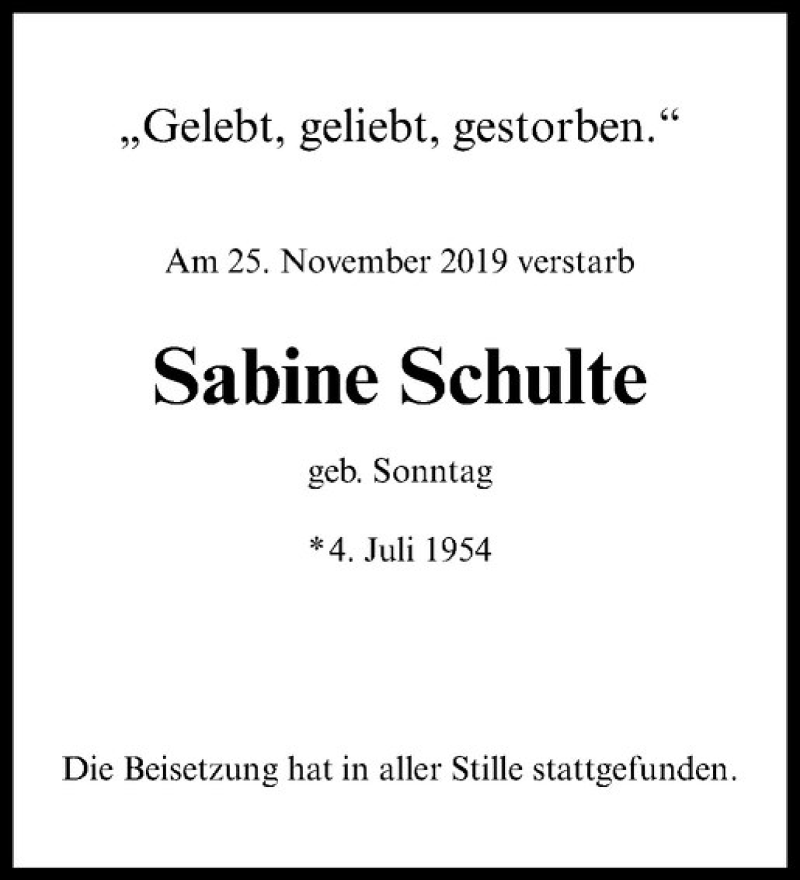  Traueranzeige für Sabine Schulte vom 21.12.2019 aus Westfälische Nachrichten