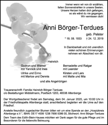 Anzeige von Anni Börger-Terdues von Westfälische Nachrichten
