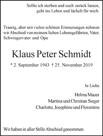 Anzeige von Klaus Peter Schmidt von Westfälische Nachrichten