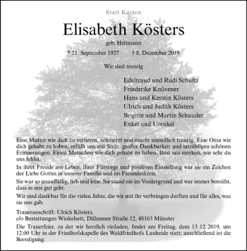 Anzeige von Elisabeth Kösters von Westfälische Nachrichten
