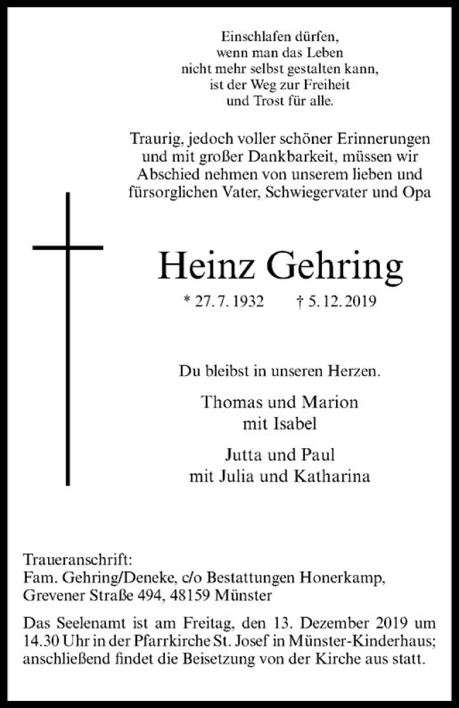  Traueranzeige für Heinz Gehring vom 11.12.2019 aus Westfälische Nachrichten