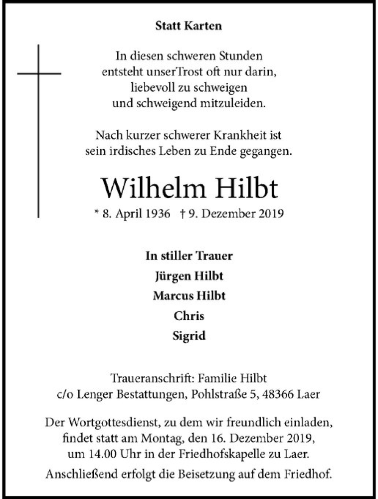  Traueranzeige für Wilhelm Hilbt vom 14.12.2019 aus Westfälische Nachrichten