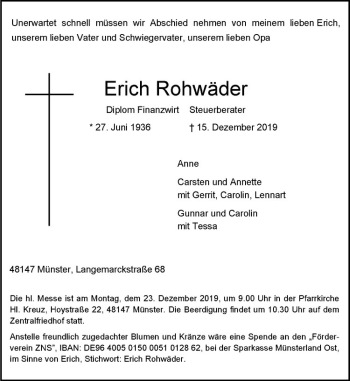 Anzeige von Erich Rohwäder von Westfälische Nachrichten