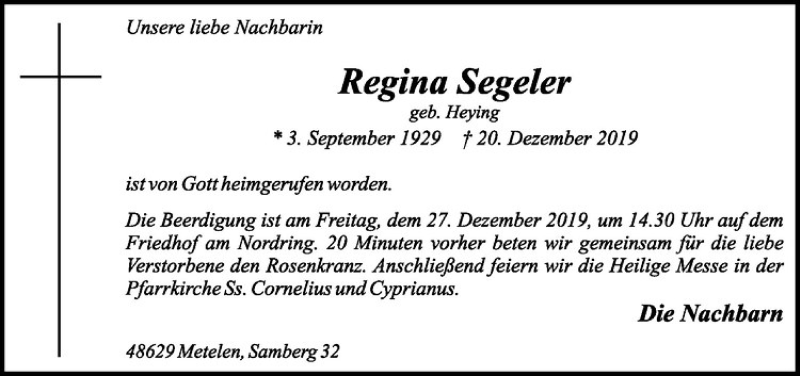  Traueranzeige für Regina Segeler vom 24.12.2019 aus Westfälische Nachrichten