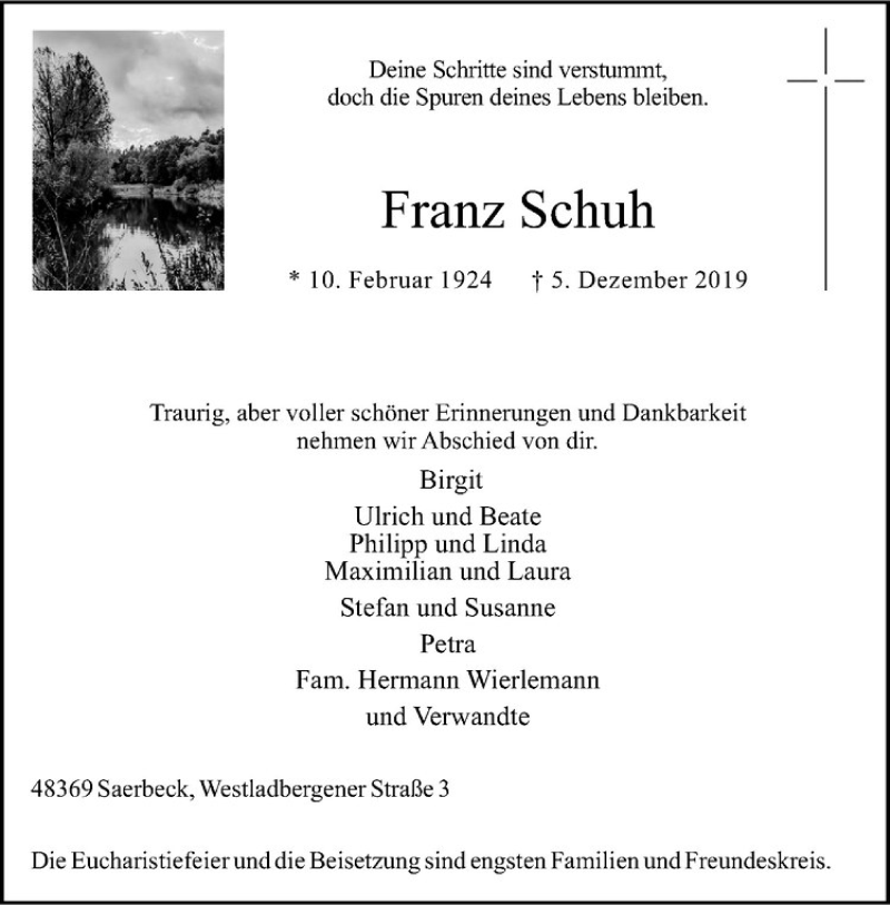  Traueranzeige für Franz Schuh vom 09.12.2019 aus Westfälische Nachrichten