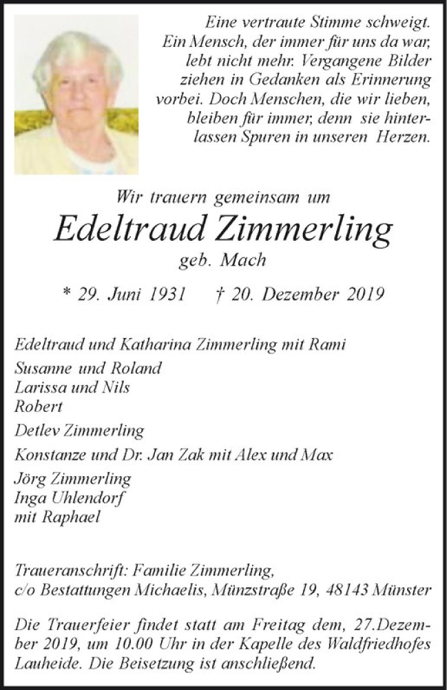  Traueranzeige für Edeltraud Zimmerling vom 23.12.2019 aus Westfälische Nachrichten