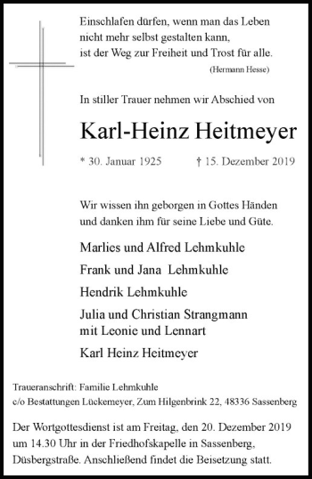 Anzeige von Karl-Heinz Heitmeyer von Westfälische Nachrichten