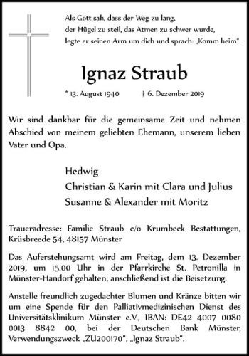 Anzeige von Ignaz Straub von Westfälische Nachrichten