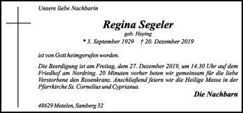 Anzeige von Regina Segeler von Westfälische Nachrichten