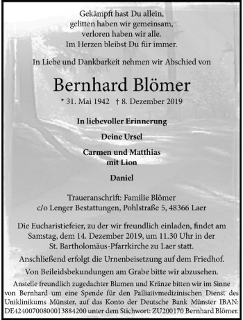 Anzeige von Bernhard Blömer von Westfälische Nachrichten