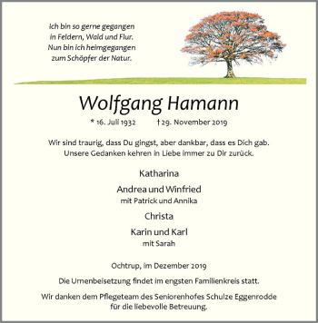 Anzeige von Wolfgang Hamann von Westfälische Nachrichten