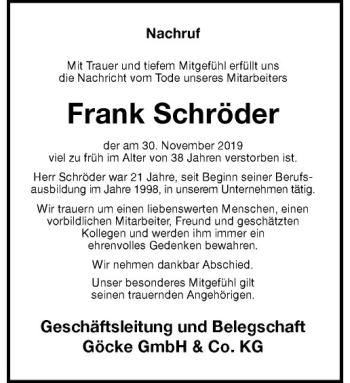 Anzeige von Frank Schröder von Westfälische Nachrichten