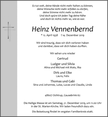Anzeige von Heinz Vennenbernd von Westfälische Nachrichten