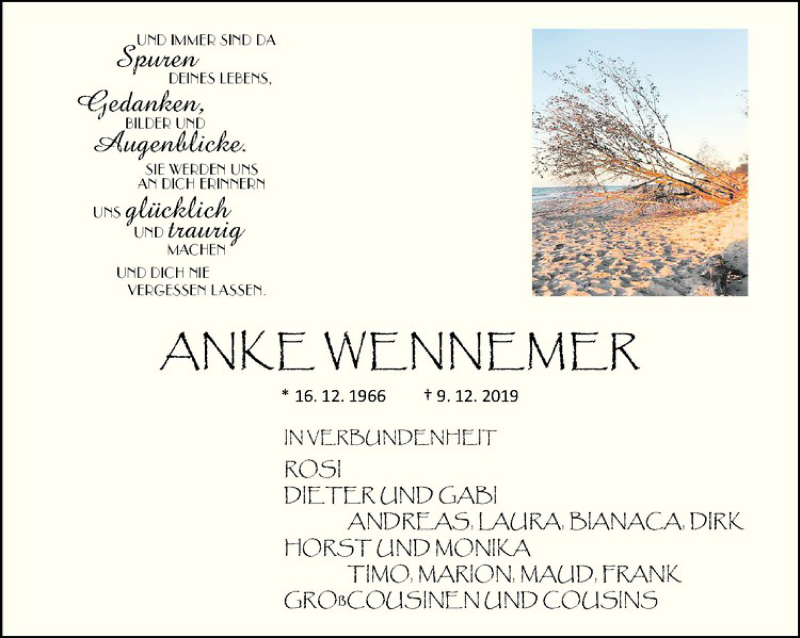  Traueranzeige für Anke Wennemer vom 14.12.2019 aus Westfälische Nachrichten