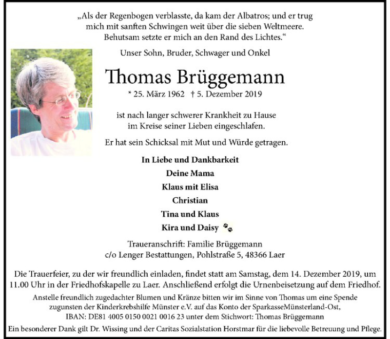  Traueranzeige für Thomas Brüggemann vom 11.12.2019 aus Westfälische Nachrichten