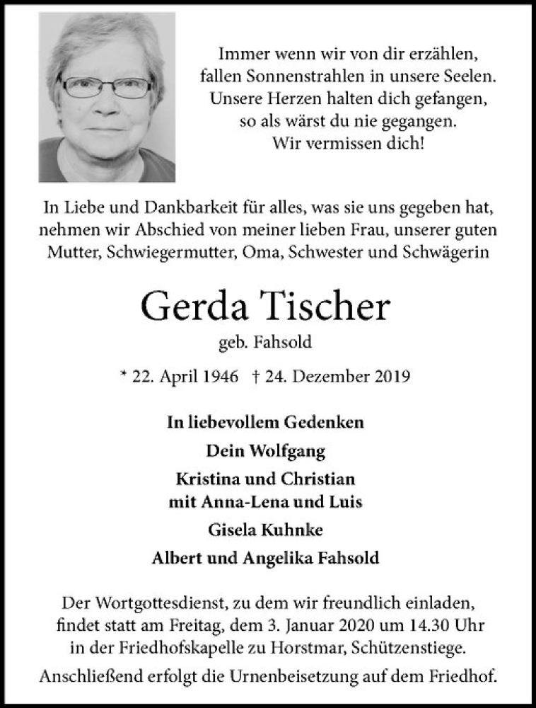  Traueranzeige für Gerda Tischer vom 31.12.2019 aus Westfälische Nachrichten