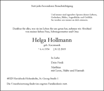Anzeige von Helga Hollmann von Westfälische Nachrichten