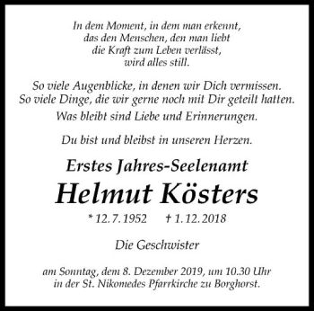 Anzeige von Helmut Kösters von Westfälische Nachrichten
