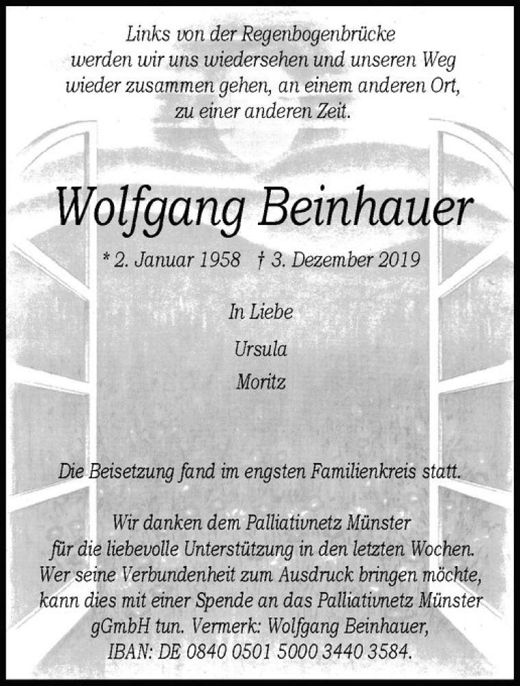  Traueranzeige für Wolfgang Beinhauer vom 07.12.2019 aus Westfälische Nachrichten