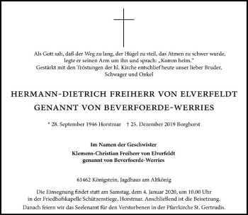 Anzeige von Hermann-Dietrich Freiherr von Elverfeldt von Westfälische Nachrichten