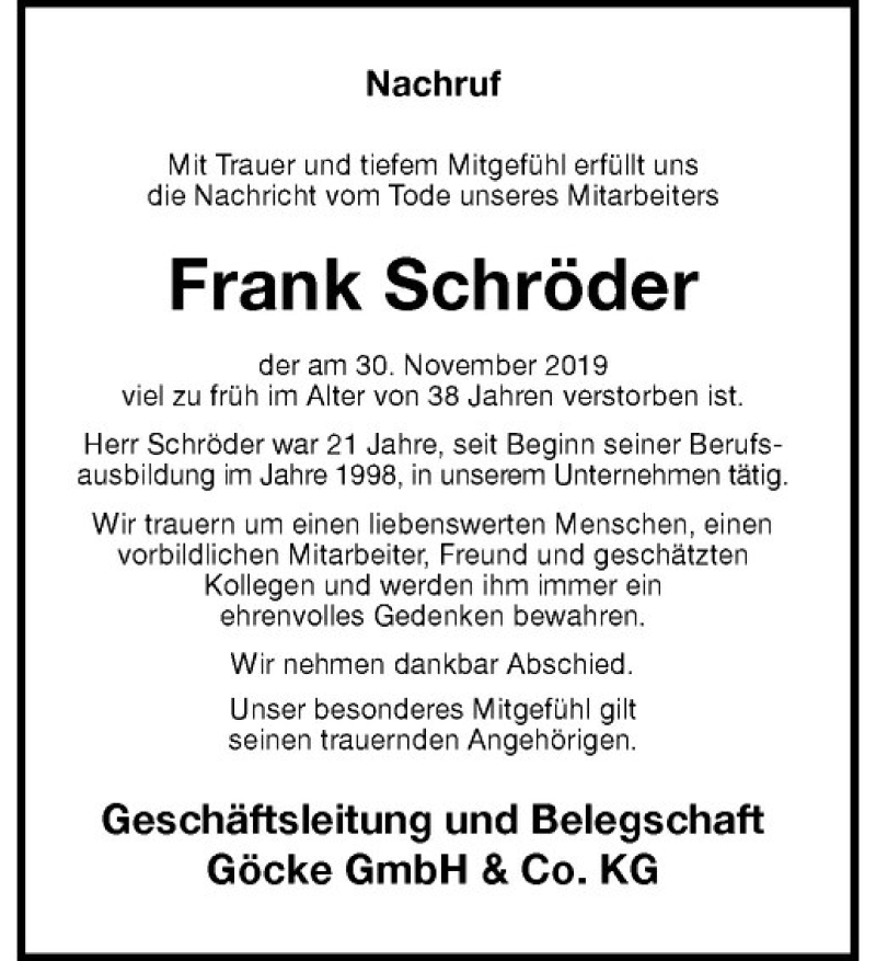 Traueranzeige für Frank Schröder vom 10.12.2019 aus Westfälische Nachrichten
