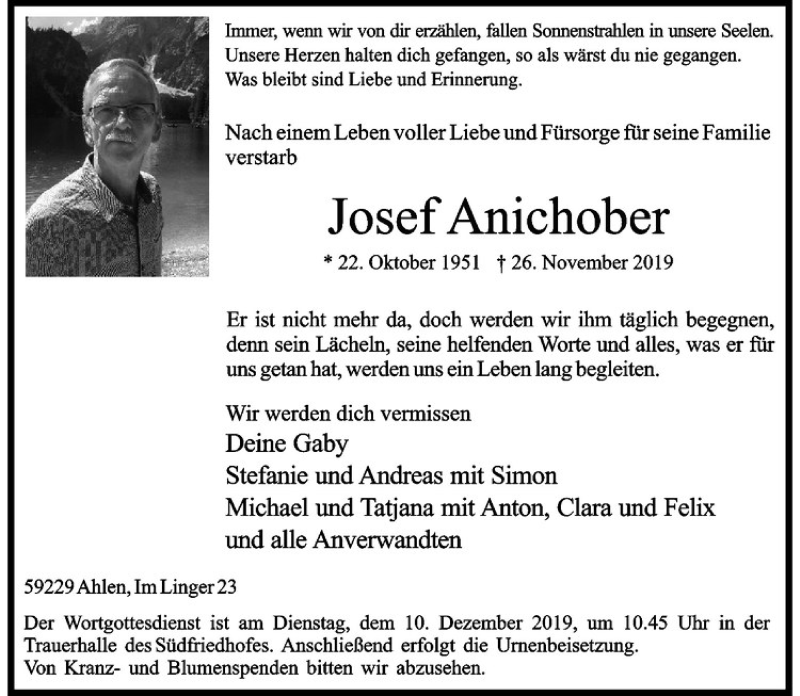  Traueranzeige für Josef Anichober vom 07.12.2019 aus Westfälische Nachrichten
