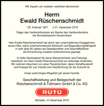 Anzeige von Ewald Rüschenschmidt von Westfälische Nachrichten