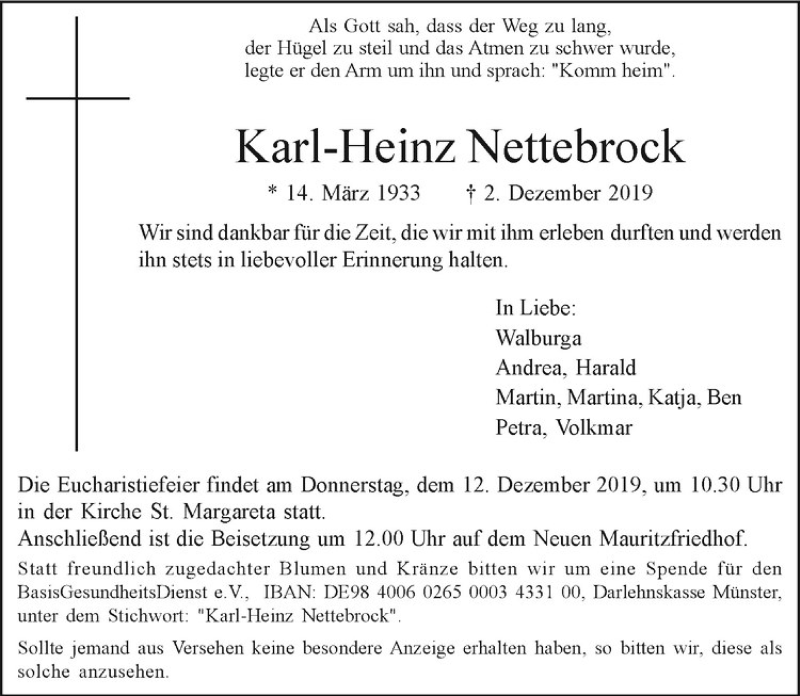  Traueranzeige für Karl-Heinz Nettebrock vom 07.12.2019 aus Westfälische Nachrichten