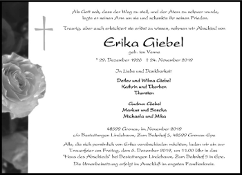 Anzeige von Erika Giebel von Westfälische Nachrichten
