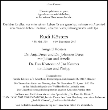 Anzeige von Rudi Kösters von Westfälische Nachrichten