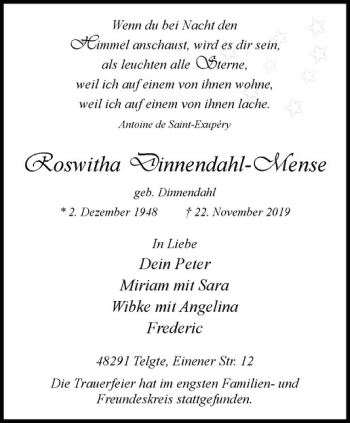 Anzeige von Roswitha Dinnendahl -Mense von Westfälische Nachrichten